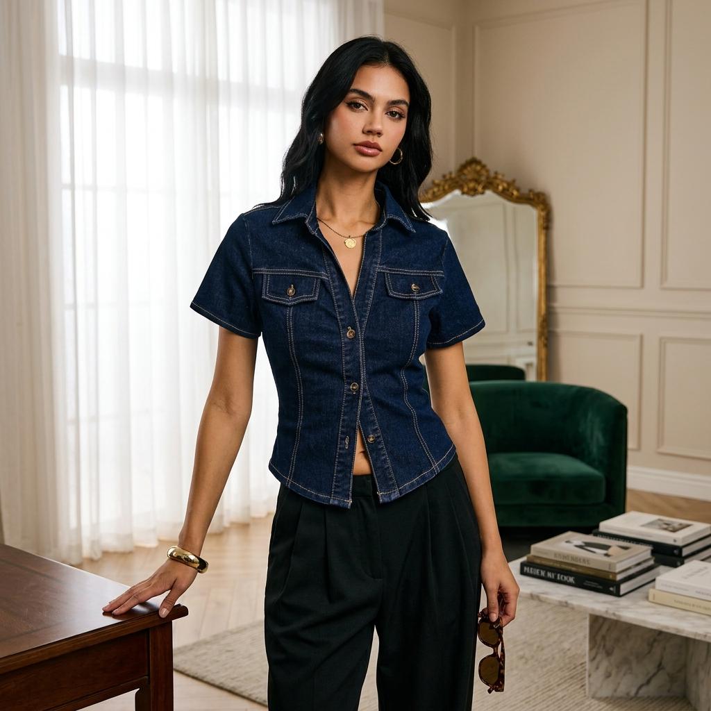 Women’s Vintage Fitted Short-Sleeve Denim Shirt