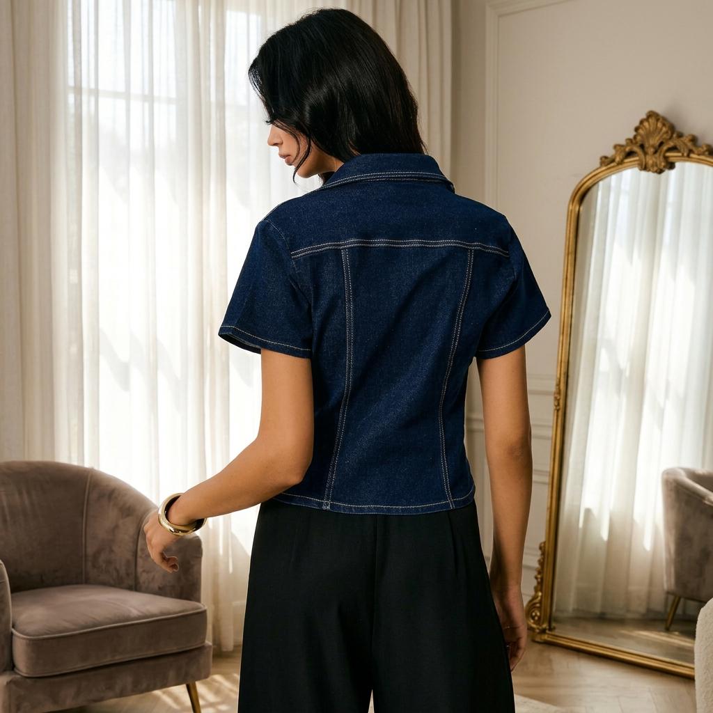 Women’s Vintage Fitted Short-Sleeve Denim Shirt - Image 5