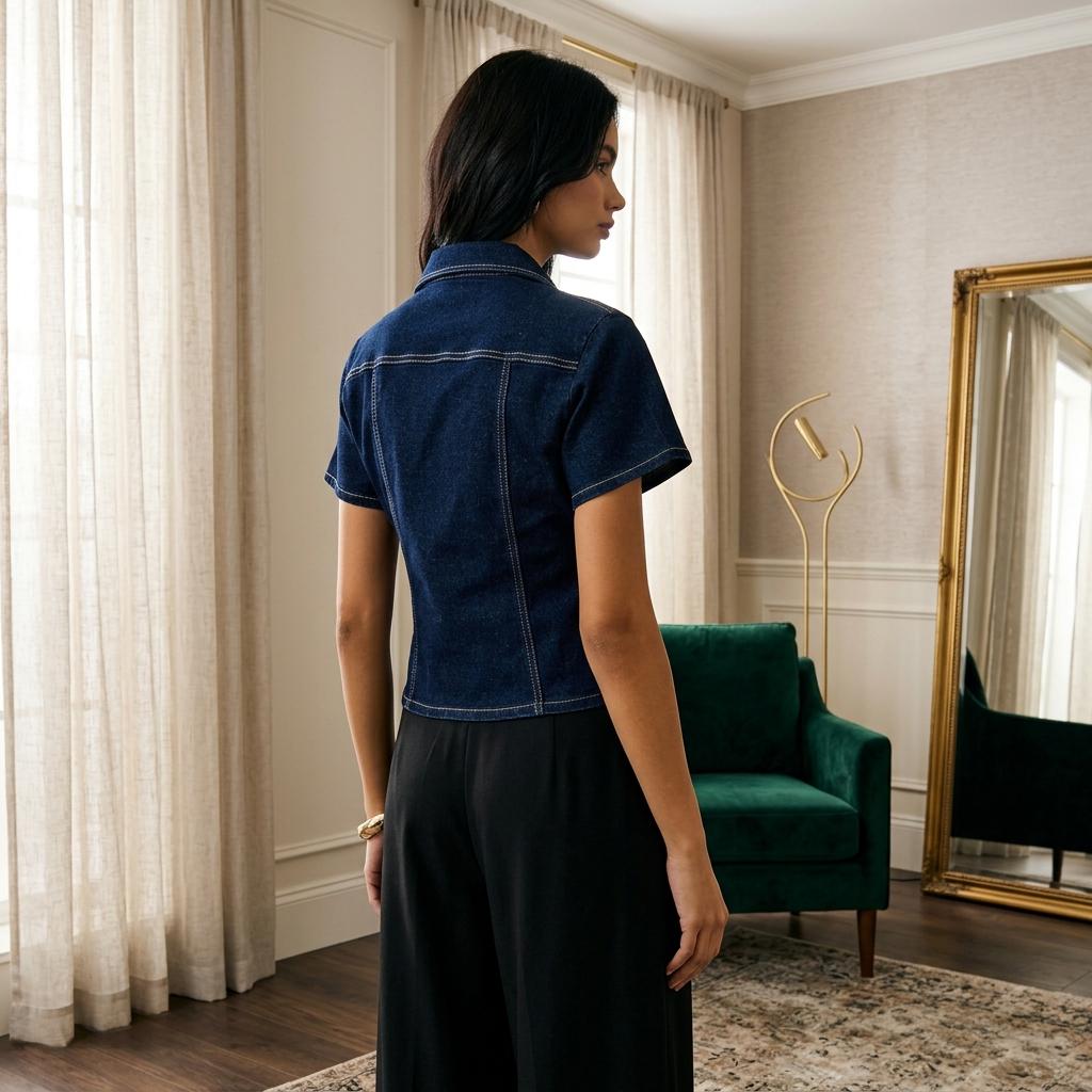 Women’s Vintage Fitted Short-Sleeve Denim Shirt - Image 6