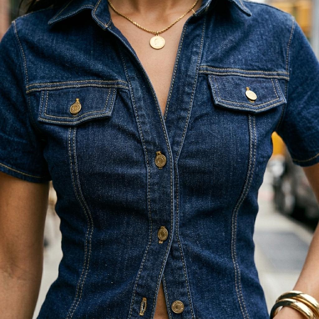 Women’s Vintage Fitted Short-Sleeve Denim Shirt - Image 2
